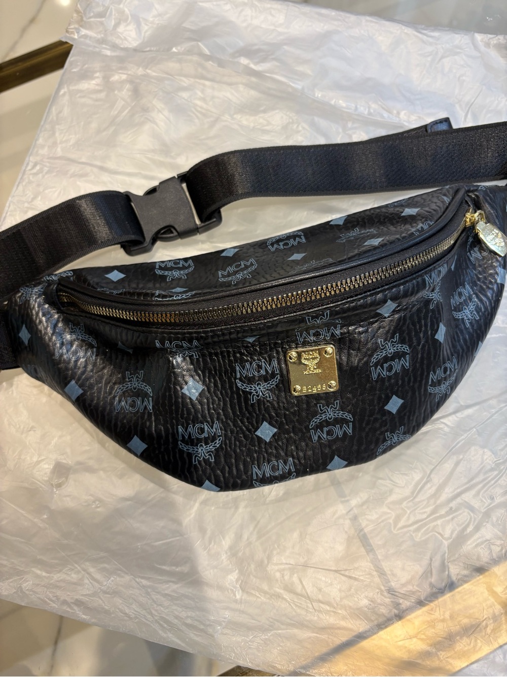 MCM Black Visetos Monogram Belt Bag with Gold Plaque